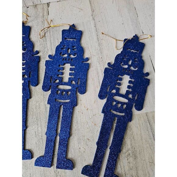 Large blue glitter nutcracker ornament soldier vintage Xmas set - Picture 2 of 7